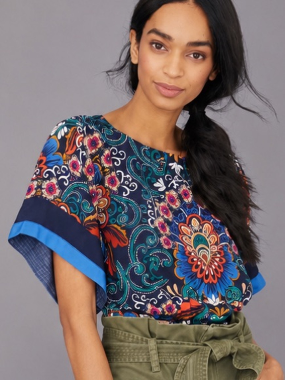 Anthropologie Boho Paisley Kimono Sleeve Smocked Waist Blouse NWOT